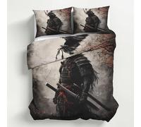 Japanese Samurai King Size Duvet Cover Sets, Asian Oriental Bedding Set 3 Piece Soft Microfiber Quilt Cover Reversible Duvet Cover Sets with 2 Pillows Zipper Closure K&19