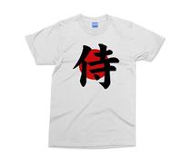 Japanese Samurai Logo Designer T-Shirt - White - S - Japan Flag Kanji Writing Comfort T-Shirt - Japan Gifts - Japanese T-Shirt - Mens Warrior Gym Top - Cotton T-Shirts for Boys
