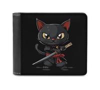 Japanese Samurai Ninja Cat Men's Bifold Wallet Slim Cash Card Holder Leather Purse
