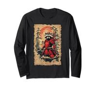 Japanese Samurai Raccoon Warrior Vintage Style Graphic Long Sleeve T-Shirt