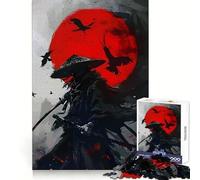 Japanese Samurai Red Moon And Ravens 1000 Pieces Puzzles for Adults Mental Skill Snug Cut Enjoyable Challenge Xmas Surprise (38x52cm)