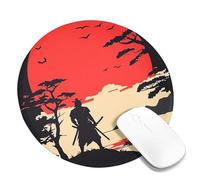 Japanese Samurai Red Silhouette Mountain Landscape Non-Slip Gaming Mouse Pad Perfect for Home Office Holiday Gift Round 8x8 Inch