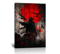 Japanese Samurai Retro Black and Red Atmosphere Asian Samurai Armor Red Moon Poster Canvas Wall Art Prints Bushido Poster Modern Home Decor Framed for Bedroom Living Room Office (24''W x 36''H)
