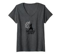 Japanese Samurai Spirit Warrior Art for Men V-Neck T-Shirt, Women, Dark Heather Grey, M