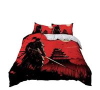 Japanese Samurai Sword Bedding Set Red And Black, Super King Duvet Cover 220 x 260 cm with 2 Pillowcases, Lightweight Soft-Touch Quilt Cover for Kids & Adults, Easy Care with Zipper Closure