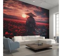 Japanese Samurai Wallpaper for Living Room, Sunset Flower Asian Wall Mural for Bedroom, Non-Woven Photo Wallpaper Home Decor 150X105cm, Wall Decoration D20