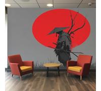 Japanese Samurai Wallpaper Gray Red, Sunset Asian Oriental Wall Paper for Bedrooms, Home Decor Photo Wallpaper for Living Room 280x200 Non-Woven Wall Mural W&29