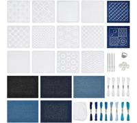 Japanese Sashiko Starter Kit 45Pcs with 12 Hollow Stencils and Denim Fabric