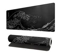 Japanese Sea Wave Gaming Mouse Pad 31.5x11.8 Inch Anime Black Mouse Pad Big Kanagawa Large Mousepad Extended Non-Slip Rubber Base Waterproof Big Keyboard Mat with Stitched Edges for Gaming and Office