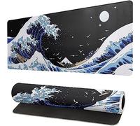 Japanese Sea Wave Gaming Mouse Pad Anime Black Mouse Pad Big Kanagawa Large Mousepad Extended Non-slip Rubber Base Waterproof Big Keyboard Mat for Gaming and Office