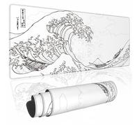 Japanese Sea Wave Large Mouse Pad Anime White Gaming Mouse Pad Kanagawa Mouse Mat Desk Pad,3mm Thick Long Non-Slip Rubber Base Waterproof Big Keyboard Mat with Stitched Edges,31.5 X 11.8 Inch,White