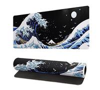 Japanese Sea Wave Mouse Pad Abstract Black Desk Mat 27.6x11.8 Inch Sea Wave Texture Non-Slip Rubber Base Blue and Black Wave Mousepad Stitched Edges Keyboard Mouse Mat Desk Pad for Office Home Game
