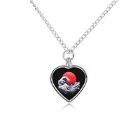 Japanese Sea Waves Red Sun Pet Urn Necklace Memorials Funerary Ashes Pendant Heart Silver for Dog Cat Lover