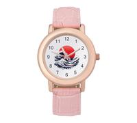Japanese Sea Waves Red Sun Women's Leather Watch Easy Reader Minimalist Wristwatch Pink Rose Gold Strap Watches