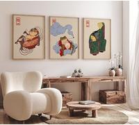 Japanese Set of 3 Frog Posters Japanese Frog Prints Funny Frogs Matsumoto Hoji Wall Art Decor An - 3x A4 Poster - Triptych rolled in tubes BensArt Triptych set 3 Three Stretched Mounted Multi Panel W