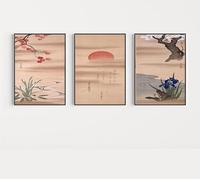 Japanese Set of 3 Posters Sakai H itsu Flowers and the Rising Sun Japanese Art Print Poster Set - 3x A4 Poster - Triptych rolled in tubes BensArt Triptych set 3 Three Stretched Mounted Multi Panel Wa