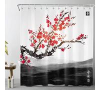 Japanese Shower Curtain,Cherry Blossom Bathroom Shower Curtains,180x180cm | Mould Proof Resistant,Waterproof,Washable,12pcs Hooks,Red Flower Tree Black White Mountain Bath Curtain,for Wet Room Bathtub