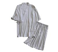 Japanese Sleepwear Men's Jinbei Pajamas Set, Yukata Style Kimono Wrap Short Sleeve Top & Shorts, Lightweight Breathable Summer Loungewear Nightwear for Travel, Elastic Waist, Plus Size Grey