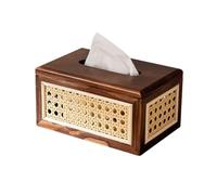 Japanese Solid Wood Tissue Box Holder Retro and Luxury Hand-Woven Rattan Tissue Box Napkin Holder for Living and Dining Rooms(Brown)