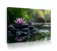 Japanese Spa-Style Canvas Wall Art Black Zen Stones Lotus Pond Wall Prints Tranquility Relaxation Home Wall Decor for Conference Room 85x120cm Innerframe