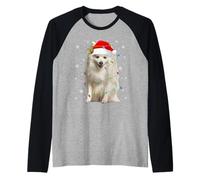 Japanese Spitz Dog Christmas Lights Funny Santa Hat Dog Xmas Raglan Baseball Tee