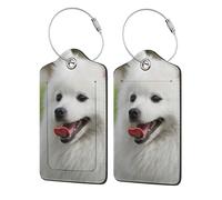 Japanese Spitz Pet Dog,Luggage Tags Pu Leather Name Tag Travel Suitcase Identifier ID Tags Durable Luggage Label 2 pcs