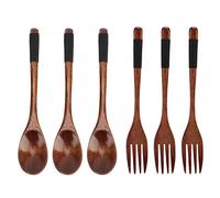 Japanese Spoon Fork Set, Wooden Utensils with Rope Winding Handle, Lightweight and Durable Beech Wood Silverware for Mixing Tasting Cooking, Includes 3 Spoons and 3 Forks for Japan