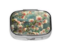 Japanese Spring Plum Floral Mini Pill Box Metal Travel Medicine Organizer with 2 Compartments Pocket-Sized Pill Container