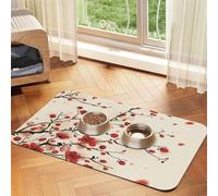 Japanese Spring Plum Floral Patterned Pet Feeding Mat with Water-Absorbing PU Top & Rubber Base - Anti-Slip Dog Cat Food Mat for Cats, Dogs & Pets, 30x45cm