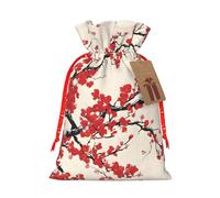 Japanese Spring Plum Floral Print Christmas Burlap Drawstring Gift Bags Reusable Gift Bags, Holiday Packaging With Rustic Charm