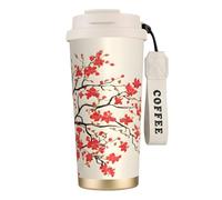 Japanese Spring Plum Floral Print Coffee Cup Travel Mug 500ml, Double-Wall 316 Stainless Steel, Portable Insulated Tumbler With Leak-Proof Lid And Straw, Reusable Thermal Mug For Hot And Cold