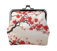 Japanese Spring Plum Floral Print Double Clasp Metal Frame Leather Kiss Lock Change Pouch Wallet for Women with Keys, Small Purses