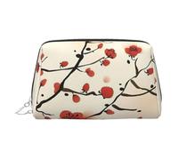 Japanese Spring Plum Floral Print Leather Cosmetic Pouch, Leather Makeup Bag for Purse with Top Zip Closure Stylish Toiletry Bag