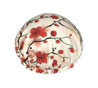 Japanese Spring Plum Floral Print Shower Essentials Bonnet For Women, Large Washable Elastic Band Bath Hair Wrap Shower Cap