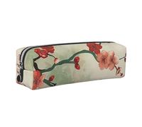 Japanese Spring Plum Floral Printed Leather Pencil Case Cute Stationery Organizer Simple Makeup Bag Pen Pouch, Silver Zipper