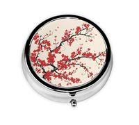 (Japanese Spring Plum Floral) Round Pill Organizer Box 3 Compartment Metal Portable Medicine Vitamin Pill Case for Pocket or Purse 2.0 x 2.0 x 0.7 in Travel Essentials