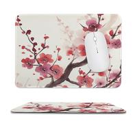 Japanese Spring Plum Floral Stitched Edge Mouse Pad | Japanese Spring Plum Floral Non Slip Rubber Base Smooth Desk Mat Portable Mouse Mat for Home Office Desktop Use
