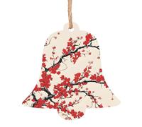 Japanese Spring Plum Floral Wooden Christmas Ornament Bell Shape Personalized Hanging Ornament Pendant Decoration for Xmas Tree Holiday Party Home Farmhouse Decor 2 PCS