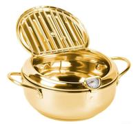 Japanese Stainless Steel Deep Fryer Pot, Included Integrated Thermometer, Drip Rack, Secure Lid For Tempura, French-Fries, Chicken(20cm Golden)