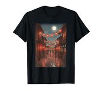 Japanese Street Night Lanterns Moonlit Scene T-Shirt
