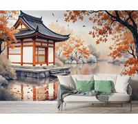 Japanese Style Architecture Wall Mural, Self Adhesive Wallpaper Peel and Stick, Landscape Watercolor Home Decor Photo Wallpaper, Silk Cloth Mural for Living Room & Bedroom, 100x70 cm - M-821