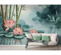 Japanese Style Bamboo Wall Mural, Self Adhesive Wallpaper Peel and Stick, Lotus Landscape Home Decor Photo Wallpaper, Silk Cloth Wall Sticker for Living Room & Bedroom, 300x210 cm - M-829