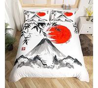 Japanese Style Bedding Set Exotic Fuji Mountain Sun Duvet Cover Set for Kids Boys Girls Women Men Ink Bamboo Comforter Cover Watercolor Ink Bedding & Linen with 2 Pillowcases 3Pcs Bedding King