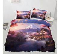 Japanese Style Bedding Set, Pink Cherry Blossoms Soft and Comfortable Microfiber Duvet Cover, Japanese Architecture Duvet Cover with Zipper + 1 Pillowcases (135x200cm)