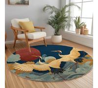 Japanese Style Birds Clouds Stripes Machine Washable Round Area Rug 150 cm, Multicoloured Printed Circular Rug Non-slip Carpet - Soft Short Pile Carpet Floor Decorate for Living Room Bedroom Playroom