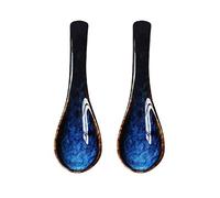 Japanese Style Blue Ceramic Soup Spoon Retro Ramen Bowl Short Handle Soup Spoon Household Small Porcelain Spoon Creative Dessert Fruit Spoon (Size : 2pcs)