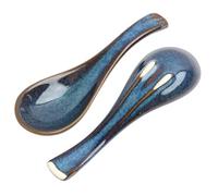 Japanese Style Blue Ceramic Soup Spoons, Retro Ramen Spoons, Short Handle, Creative Porcelain Spoons for Soups, Desserts and Fruits, Ideal for Household and Dining Room, Pack of 2