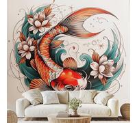Japanese Style Carp Fish Mural Carp Lotus Floral Wallpaper 300x210 cm Abstract Sea Wave Wall Decals Peel and Stick Wall Art for Bedroom Kitchen Bathroom Stickers Home Decor ds53m