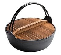 Japanese Style Cast Iron Shabu Shabu Hot Pot Sukiyaki Pan Sukiyaki Non Stick Open Fire Camping Kitchen Induction Cookware with Wooden Lid and Single Handle