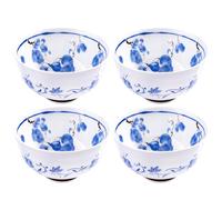 Japanese Style Ceramic Rice Bowls, 4.5 Inch, Blue and White Floral Pattern, Set of 4